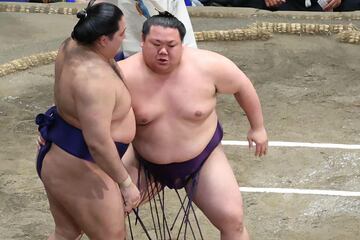 狼雅（左）を押し出した美ノ海