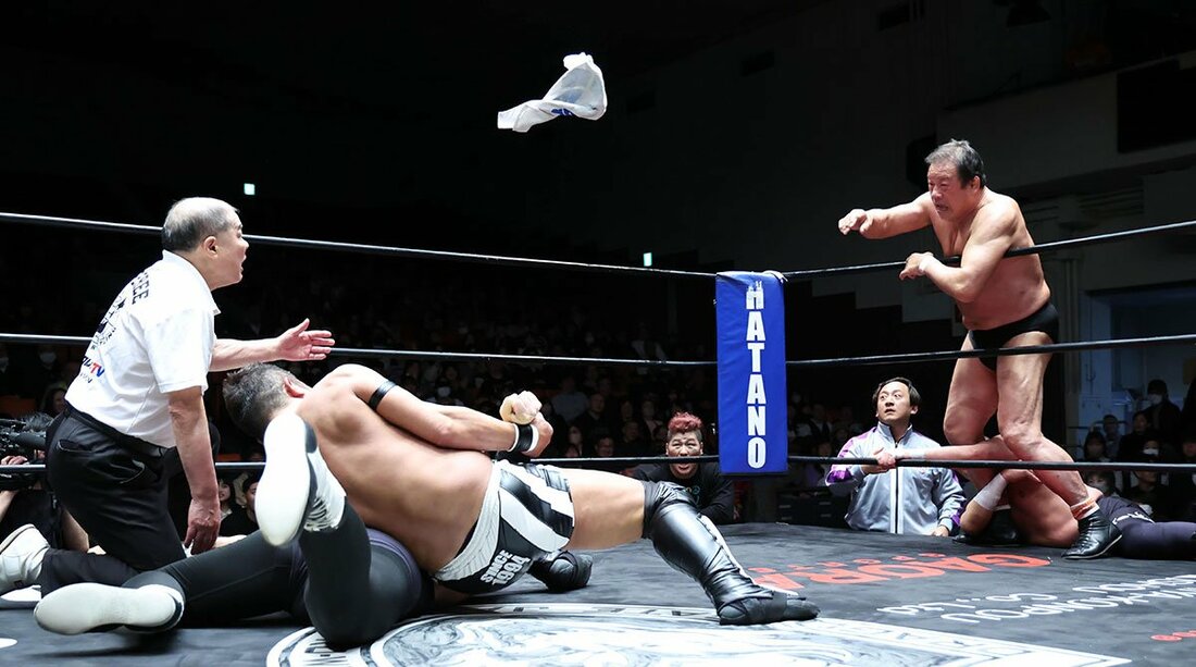 タオルを投入する藤波辰爾(右)