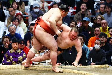 熱海富士(左)の左上手投げに屈した安青錦