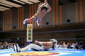 棚橋弘至(上)のハイフライフロ―を食らってしまったエル・デスペラード