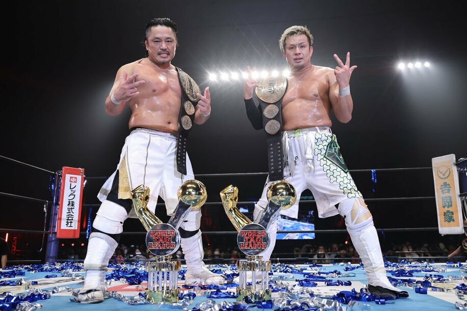 ワールドタッグリーグ３連覇を果たした後藤洋央紀(左)とYOSHI-HASHI
