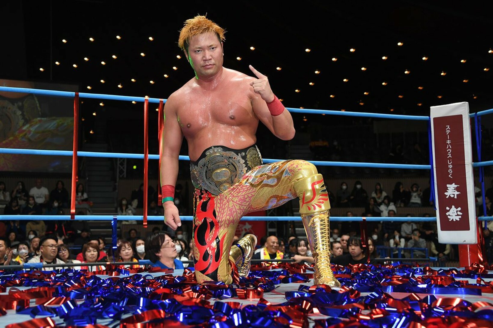 新コスチュームでポーズを決める宮原健斗