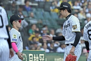 ベンチに戻る才木（右）を迎える阪神・坂本