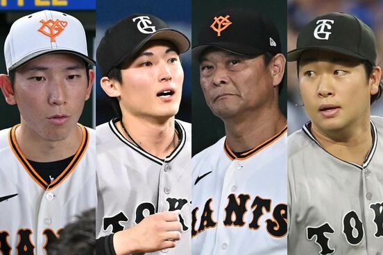 (左から)戸郷、浦田、橋上監督代行、山崎