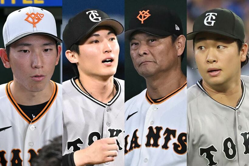 （左から）戸郷、浦田、橋上監督代行、山崎