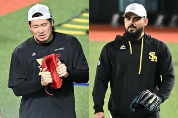 左手骨折で離脱となったソフトバンク・杉山一樹(左)と、二軍調整中の前守護神オスナ