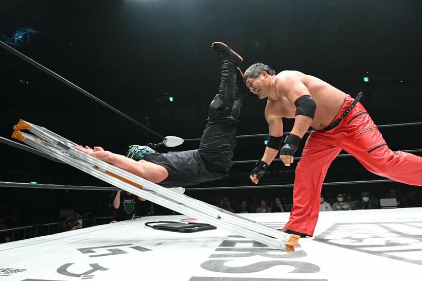 ニンジャをラダーに放り投げる石川修司